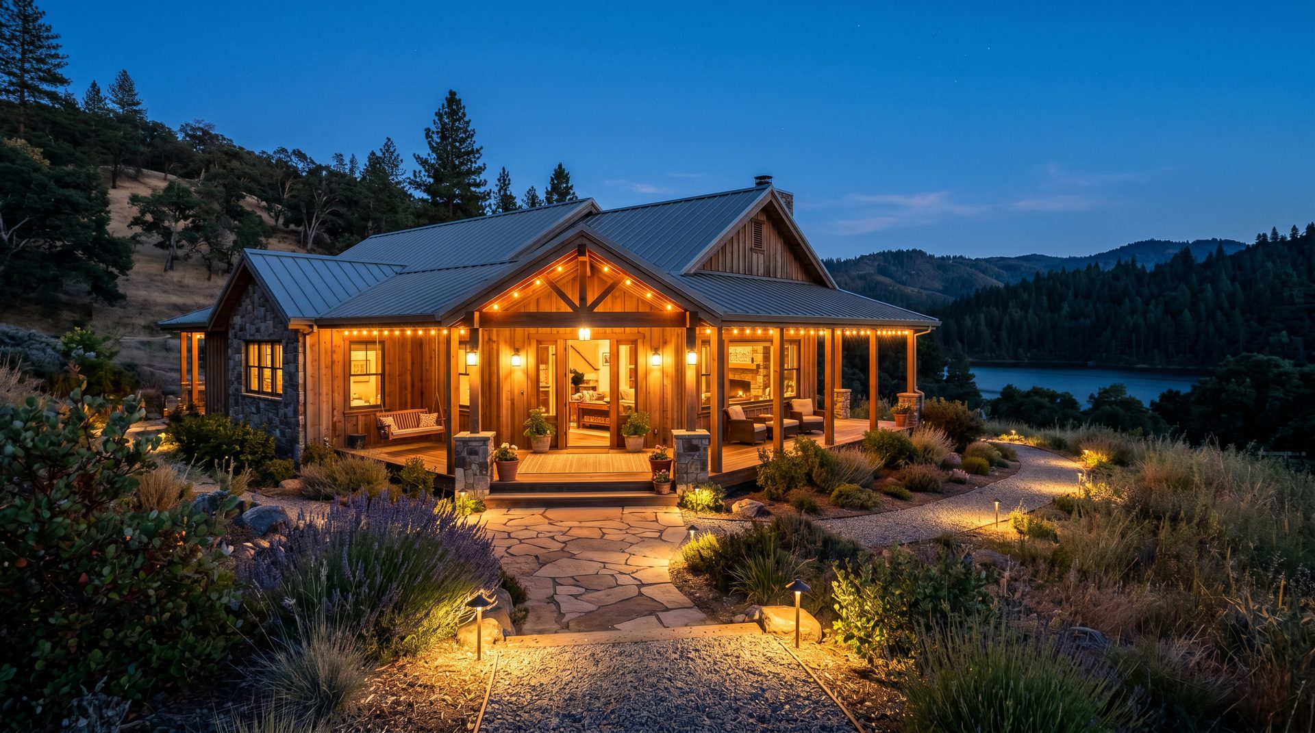 Lake-country home at dusk with porch and landscape lighting glowing