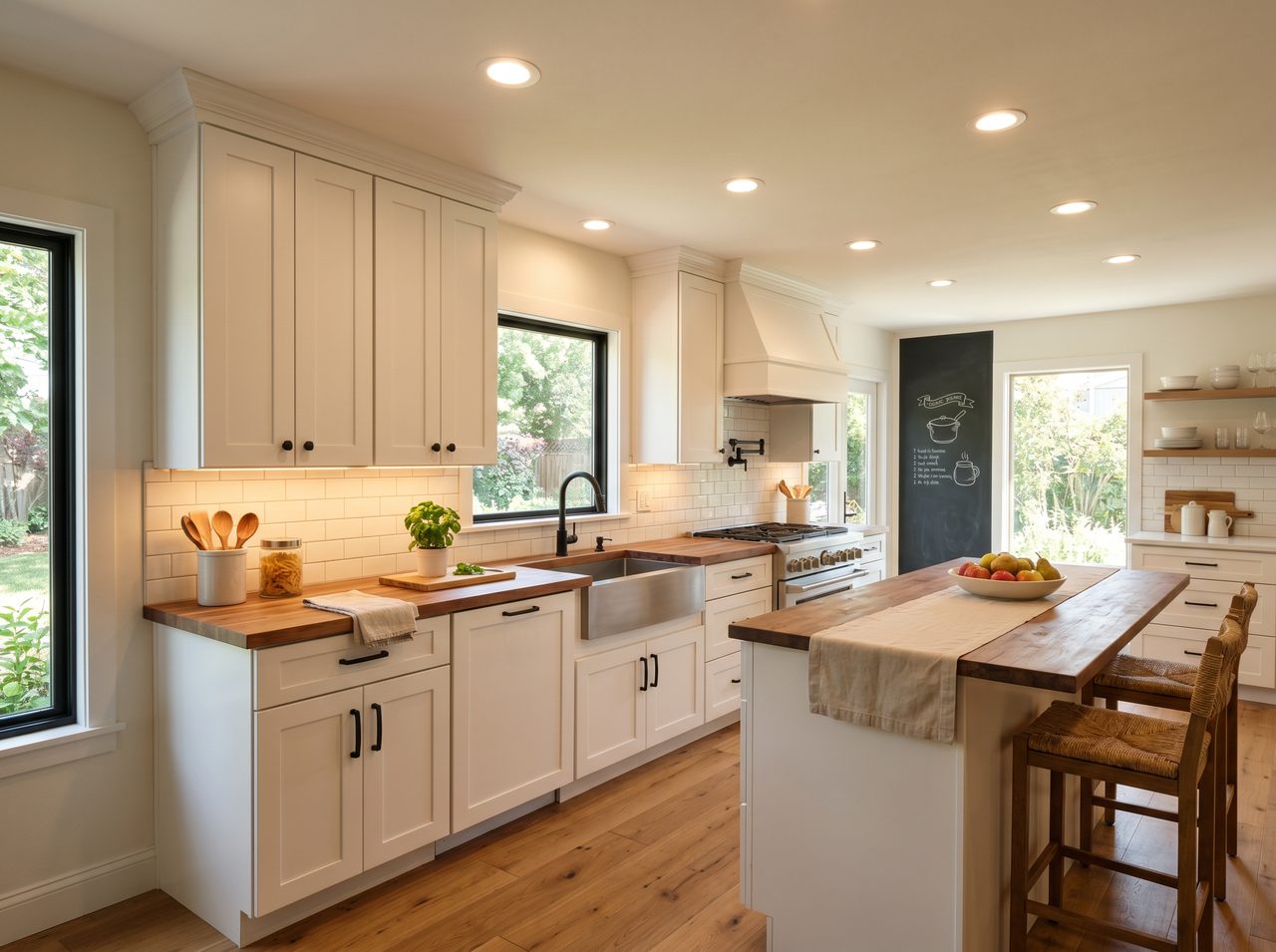 Kitchen with recessed downlights and under-cabinet lighting