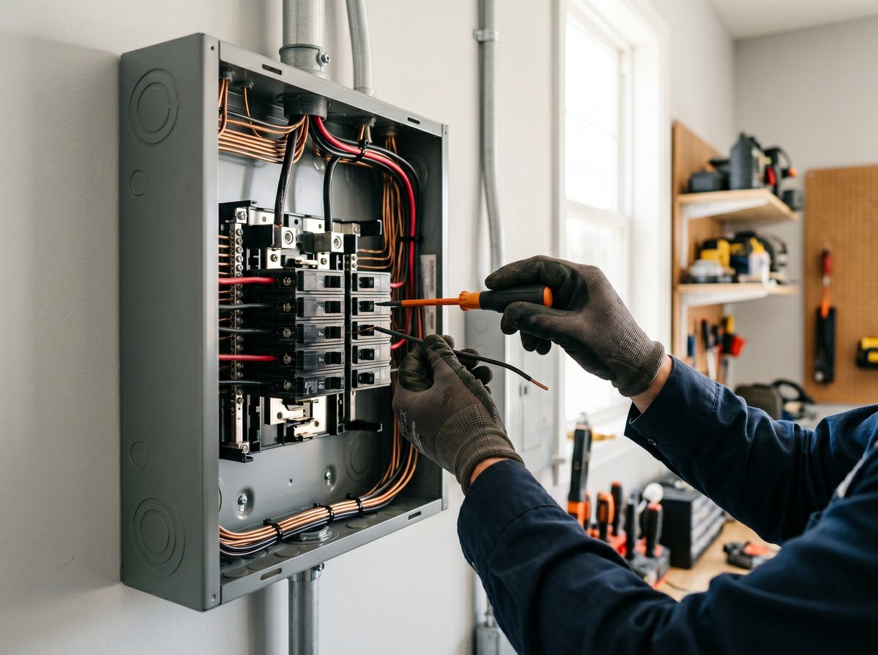 Electrician wiring a residential breaker panel, neatly organized
